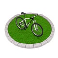 Black and White Mountain Bike over Round Plot of Dense Green Grass. 3d Rendering