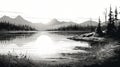 Black And White Mountain Drawing At The Lake - Serene And Tranquil Illustration