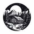 Bold Woodcut-inspired Cabin Graphic: Clean Vector Art