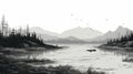 Black And White Mountain Lake Painting With Birds - Detailed Digital Illustration