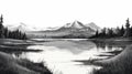 Black And White Mountain Lake Scene: Super High Detail Digital Illustration