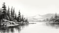 Black And White Mountain Lake Sketch Captivating Digital Painting Of Pine Trees Royalty Free Stock Photo