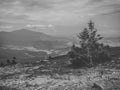 Black and white mountain landscape from the top of Pilsko Mountain in Poland, a view of Babia GÃÂ³ra