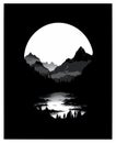 Black And White Mountain River And Moon Design