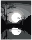 Black And White Mountain River And Moon Design