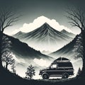 Black and white mountains vector illustration.Mountain with pine trees and landscape. Rocky peaks in sketch style, minimalistic