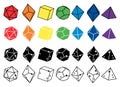 Black, white and multicolored dice for roleplaying