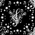 Black and white music background with notes and stars. Royalty Free Stock Photo
