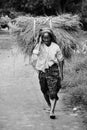 Black and white Myanmar woman carrying straw