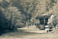 Black and white natural landscape with an old building. picturesque abandoned nature forest with a pond.