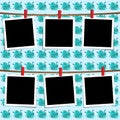 Black and white negative photographs with shadows. Photo frames on clothespins. Wall imitation. Vector design in retro Royalty Free Stock Photo