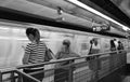 Black and White New York City Subway Car Arriving Train Station People Waiting