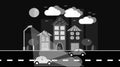 A black and white night city, a small town in a flat style with houses with a sloping tile roof, cars with lights, trees, birds, c Royalty Free Stock Photo