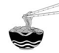 Black and white doodle Noodle at bowl and stick. vector illustration hand drawing Royalty Free Stock Photo