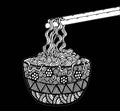 Black and white noodle at bowl and stick, vector illustration, hand drawing Royalty Free Stock Photo