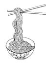 Black and white noodle at bowl and stick, vector illustration, hand drawing Royalty Free Stock Photo