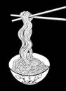 Black and white noodle at bowl and stick, vector illustration, hand drawing Royalty Free Stock Photo
