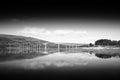 Black and white Norway bridge with reflection landscape background
