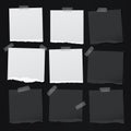 Black, white note, notebook paper pieces with torn edges stuck with sticky tape on black backgroud. Vector illustration. Royalty Free Stock Photo