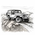 black and white Off-road vehicle in the mountains. illustration high contrast, for laser engraving, white background ,Created with Royalty Free Stock Photo