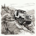 black and white Off-road vehicle in the mountains. illustration high contrast, for laser engraving, white background ,Created with Royalty Free Stock Photo