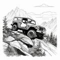 black and white Off-road vehicle in the mountains. illustration high contrast, for laser engraving, white background ,Created with Royalty Free Stock Photo