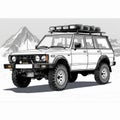 black and white Off-road vehicle in the mountains. illustration high contrast, for laser engraving, white background ,Created with Royalty Free Stock Photo