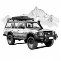 black and white Off-road vehicle in the mountains. illustration high contrast, for laser engraving, white background ,Created with Royalty Free Stock Photo