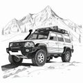 black and white Off-road vehicle in the mountains. illustration high contrast, for laser engraving, white background ,Created with Royalty Free Stock Photo