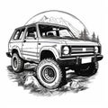 black and white Off-road vehicle in the mountains. illustration high contrast, for laser engraving, white background ,Created with Royalty Free Stock Photo