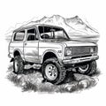 black and white Off-road vehicle in the mountains. illustration high contrast, for laser engraving, white background ,Created with Royalty Free Stock Photo