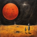 Red Planet: A Captivating Oil Painting Of Two Figures In A Dreamlike World