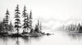 Black And White Oil Painting Of Pine Trees Along Water Royalty Free Stock Photo