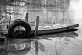 Black and white, Old, abandoned boat dock on a small lake