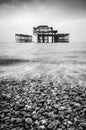 A black and white of the old burnt out pier in Brighton Royalty Free Stock Photo