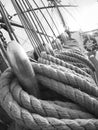 Black and white, old tallship or sailboat pin rail Royalty Free Stock Photo