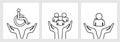 Black and white one line hands holding employee, person and wheelchair person icon