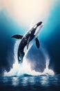 Black and white orca jumping out of the water in the ocean. Generative AI Royalty Free Stock Photo