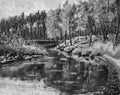 Black and white Original oil painting Bright green trees are reflected in the water. Landscape is summer on the water. Nature. Riv