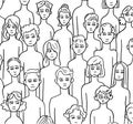 Black and white outline drawing hand-drawn crowd of a crowd of various people men and women background