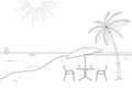 Black and white outline drawing of a striped beach umbrella and the two wooden chairs on a white background, vector illustration Royalty Free Stock Photo