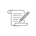 Black and white outline icon of a pencil writing on a paper document or contract scroll Royalty Free Stock Photo