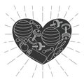 Black and white outline icons of equipment for fitness workout in frame of heart.