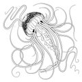 Black and white outline jellyfish in tattoo style with stipples Royalty Free Stock Photo