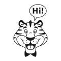 Black and white outline talking happy tiger say Hi