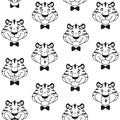 Black white outline tiger head seamless pattern.