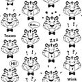 Black and white outline tiger seamless pattern.