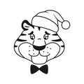 Black and white outline upset tiger in Santa hat. Royalty Free Stock Photo