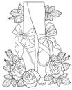 Black and white outline vector coloring book for adults. Legs of a ballerina in pointe shoes among the flowers of roses with