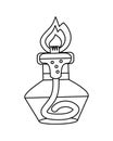 Black and white outline. Vector illustration. Spirit lamp with wick, glass jar of liquid and flame. Icon on isolated